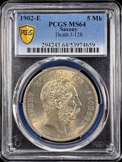 【雨安】【直播拍卖】【第0126期-评级币章】2026-03-07 周六 19:30 (金价1176, 银价22.16) - [评级德国] Germany 德国 帝国 J.128 萨克森 5马克 (1902) 阿尔伯特逝世 1902年  PCGS-MS64