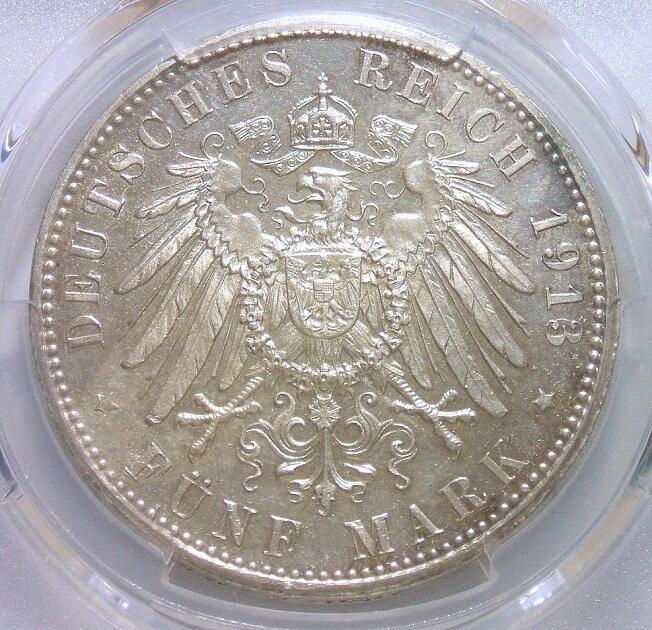 【银】金盾PCGS PR62 德国巴伐利亚1913年 奥托5马克大银币 精制PROOF版