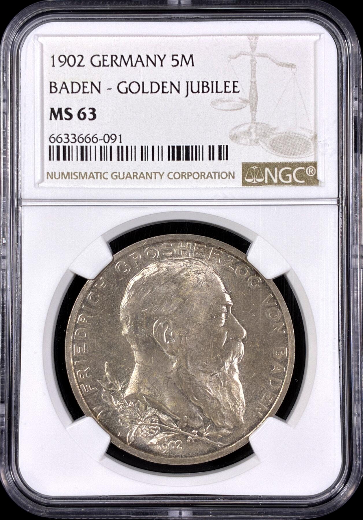 【雨安】【直播拍卖】【第0126期-评级币章】2026-03-07 周六 19:30 (金价1176, 银价22.16) [评级德国] Germany 德国 帝国 J.031 巴登 5马克 (1902) 登基50周年 1902年  NGC-MS63