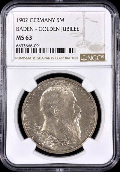 【雨安】【直播拍卖】【第0126期-评级币章】2026-03-07 周六 19:30 (金价1176, 银价22.16) - [评级德国] Germany 德国 帝国 J.031 巴登 5马克 (1902) 登基50周年 1902年  NGC-MS63