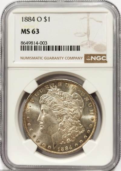 博洋堂世界钱币拍卖第163期（全场包邮） - NGC MS63 美国1884年O版摩根银币，光度一流，爆光耀眼，底板擦丝很少，鹰面五彩硫化包浆非常漂亮，鹰羽根根分明，63分是严评了