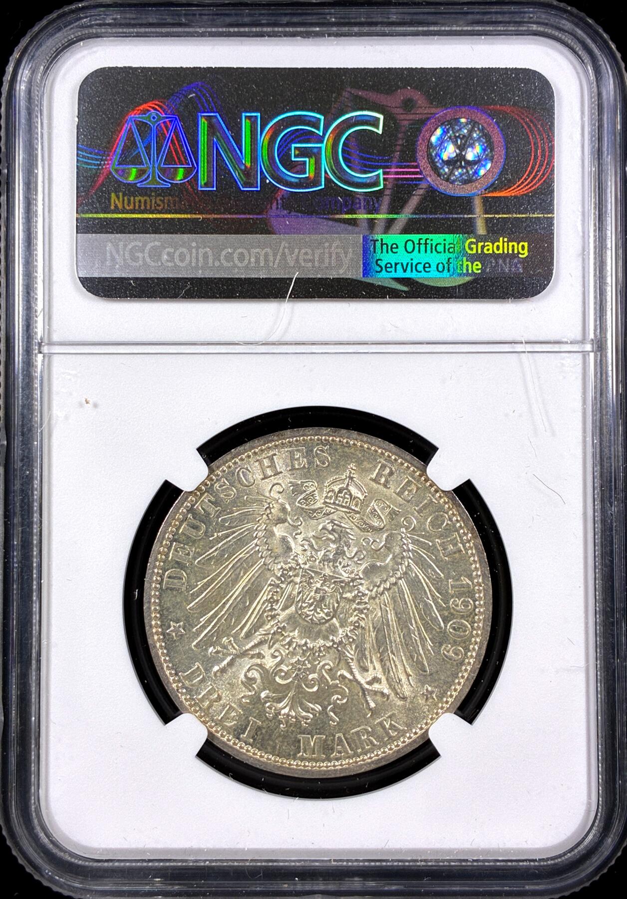 【雨安】【直播拍卖】【第0126期-评级币章】2026-03-07 周六 19:30 (金价1176, 银价22.16) [评级德国] Germany 德国 帝国 施瓦茨堡-松德斯豪森 3马克 1909年  NGC-MS63