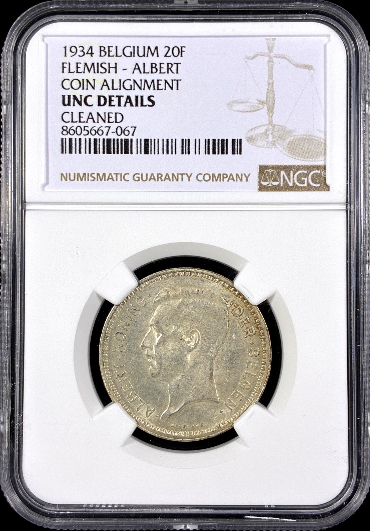 【雨安】【直播拍卖】【第0126期-评级币章】2026-03-07 周六 19:30 (金价1176, 银价22.16) [评级欧洲] Belgium 比利时 20法郎 1934年 阿尔贝托  NGC-UNC