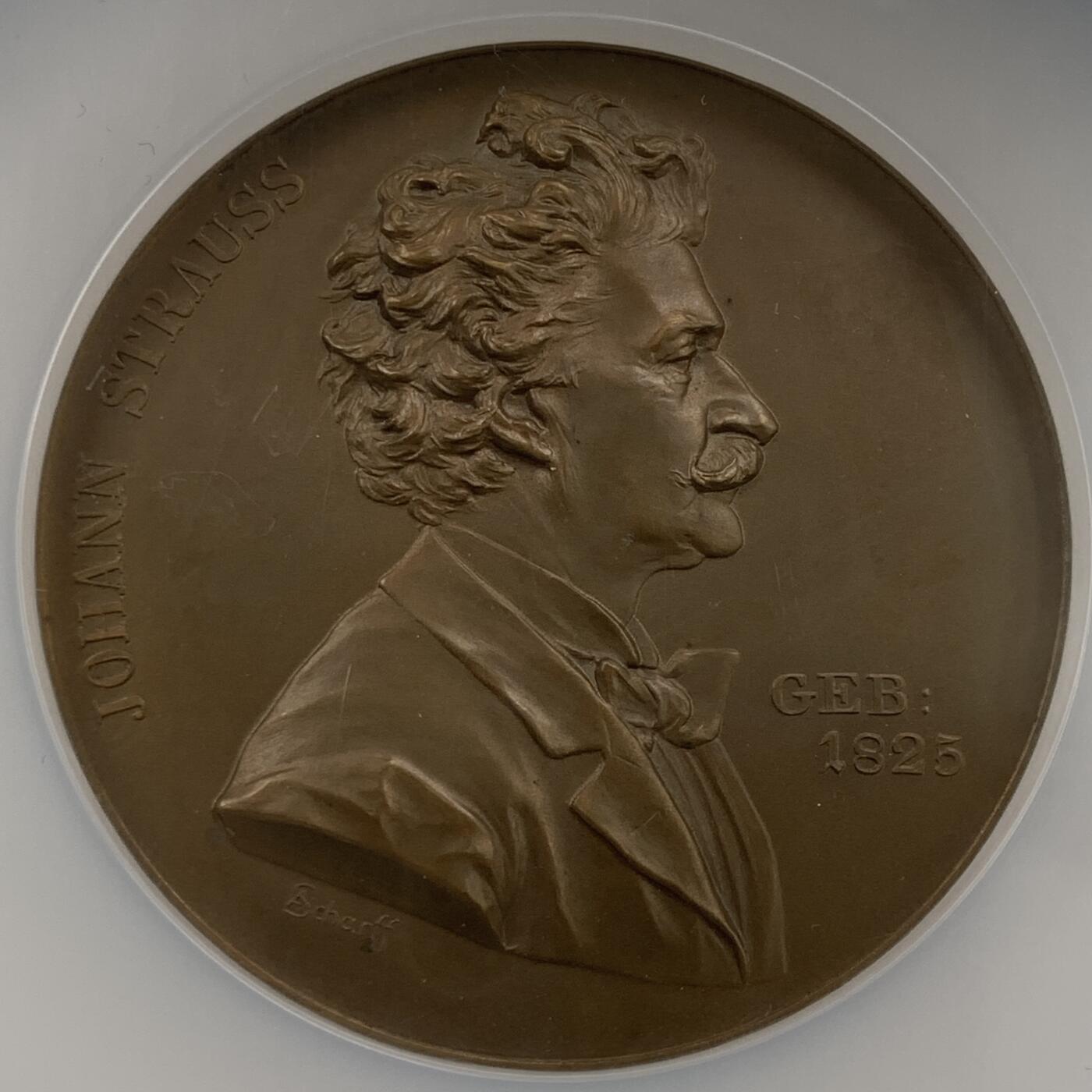 掌中浮雕-藏着的欧洲第053场 NGC MS65 : 1894年奥地利音乐家约翰施特劳斯铜章 , 60mm，安东沙夫作品