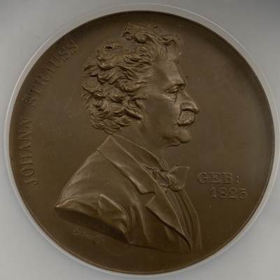 掌中浮雕-藏着的欧洲第053场 - NGC MS65 : 1894年奥地利音乐家约翰施特劳斯铜章 , 60mm，安东沙夫作品