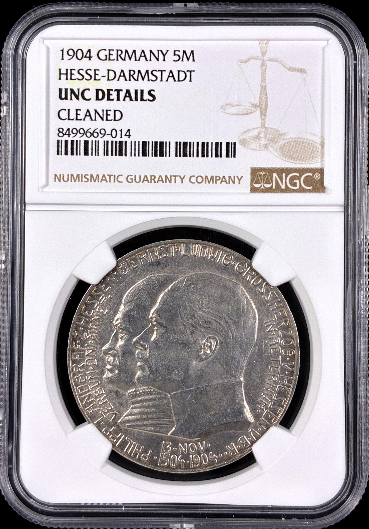 【雨安】【直播拍卖】【第0126期-评级币章】2026-03-07 周六 19:30 (金价1176, 银价22.16) [评级德国] Germany 德国 帝国 J.075 黑森-达姆施塔特 5马克 (1904) 腓力一世400周年 1904年  NGC-UNC