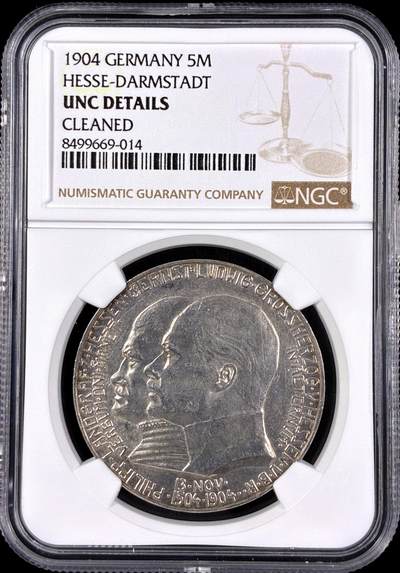 【雨安】【直播拍卖】【第0126期-评级币章】2026-03-07 周六 19:30 (金价1176, 银价22.16) - [评级德国] Germany 德国 帝国 J.075 黑森-达姆施塔特 5马克 (1904) 腓力一世400周年 1904年  NGC-UNC