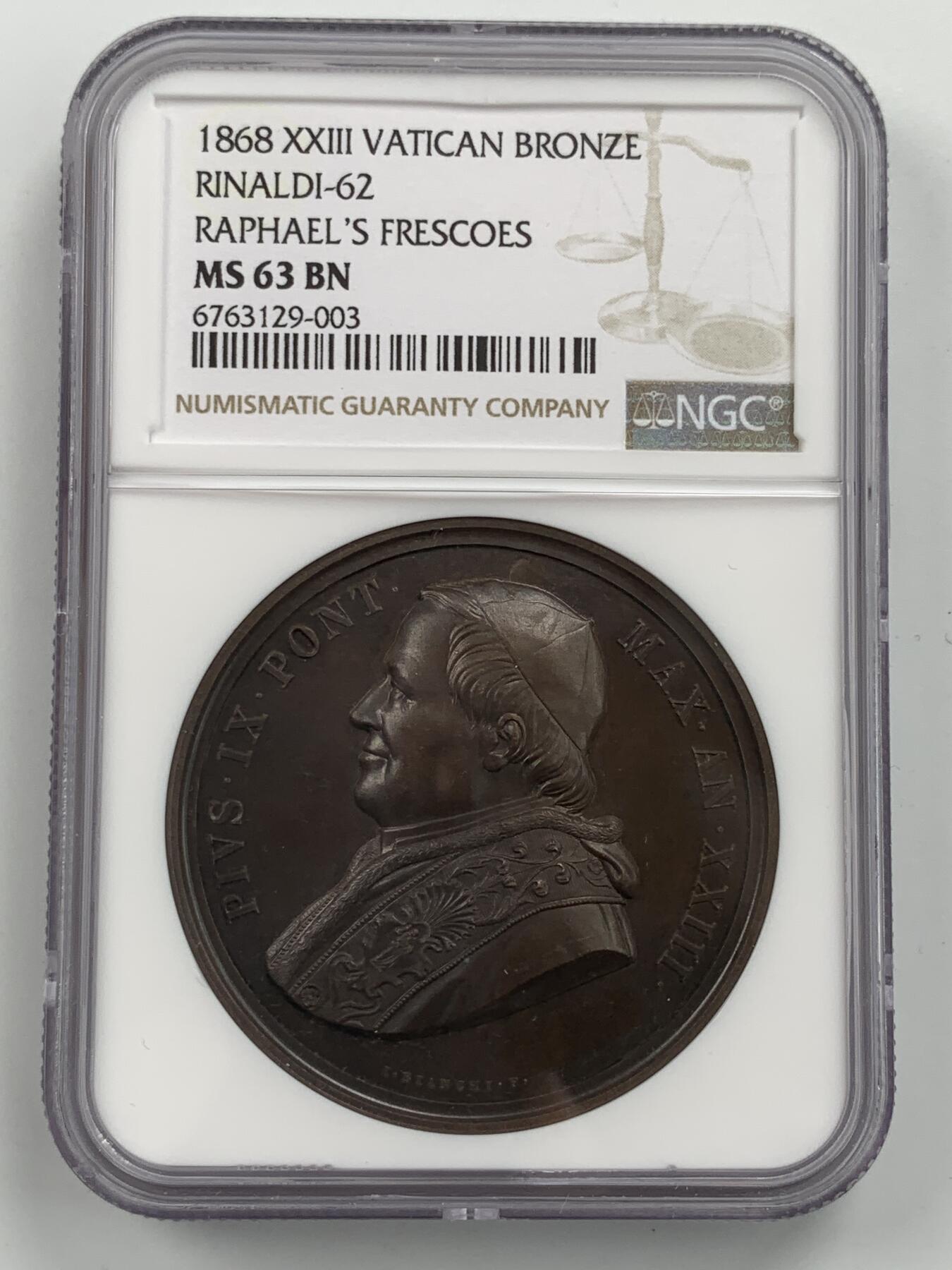掌中浮雕-藏着的欧洲第053场 NGC MS63 ：1868年梵蒂冈教皇庇护九世纪念铜章，44mm