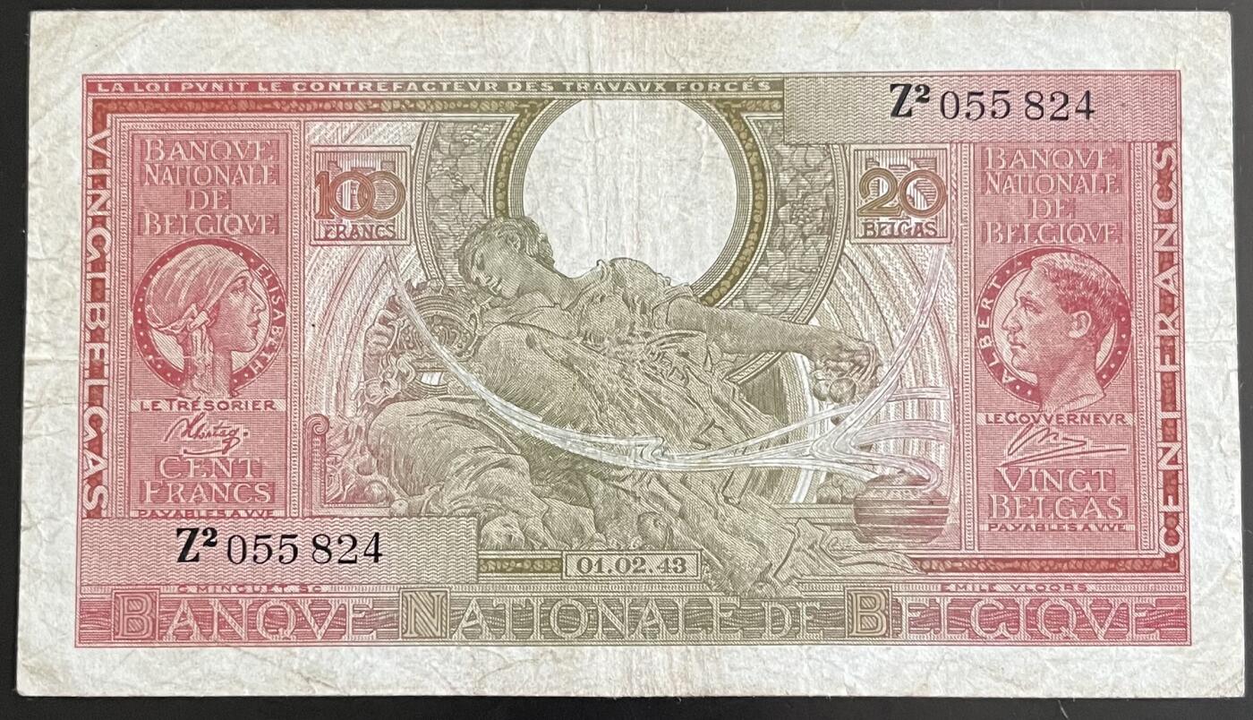 小福收藏拍卖第202期 流通品相裸钞 特惠场 本场全部为欧洲纸币【佣金仅收2% 不设最低佣金 全场包邮】 比利时 1943年 100法郎 Z冠