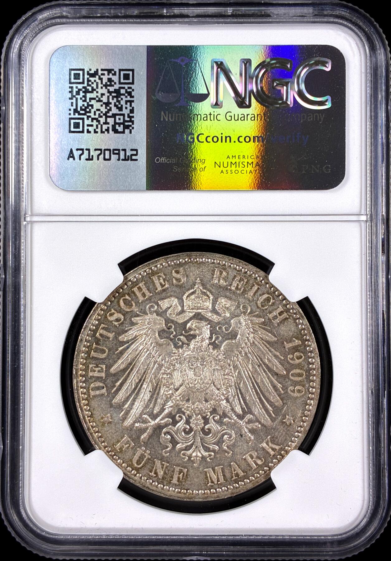 【雨安】【直播拍卖】【第0126期-评级币章】2026-03-07 周六 19:30 (金价1176, 银价22.16) [评级德国] Germany 德国 帝国 J.139 萨克森 5马克 (1909) 莱比锡大学 1909年  NGC-MS64