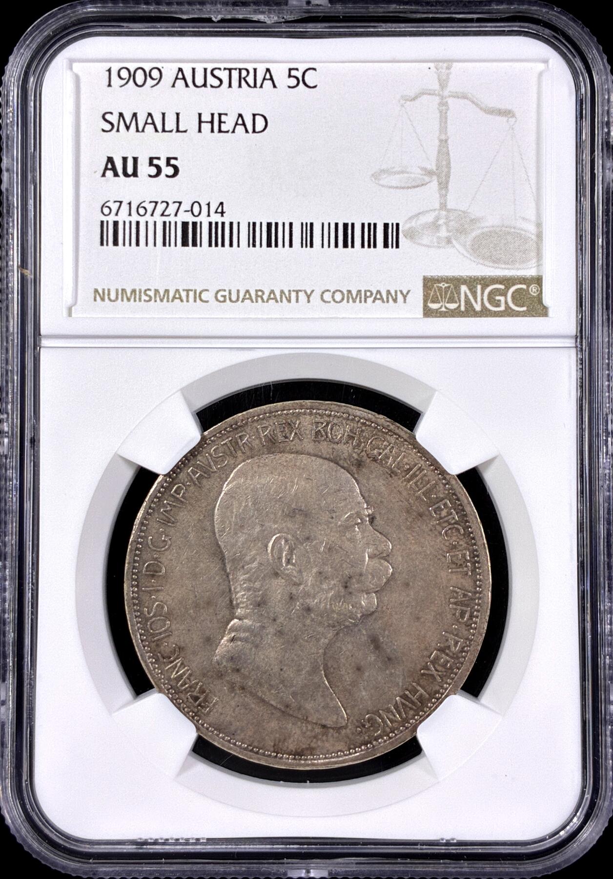 【雨安】【直播拍卖】【第0126期-评级币章】2026-03-07 周六 19:30 (金价1176, 银价22.16) [评级欧洲] Austria 奥地利 5克朗 KM#2814 1909年 小头像  NGC-AU55