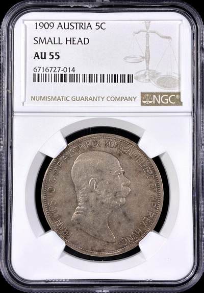 【雨安】【直播拍卖】【第0126期-评级币章】2026-03-07 周六 19:30 (金价1176, 银价22.16) - [评级欧洲] Austria 奥地利 5克朗 KM#2814 1909年 小头像  NGC-AU55