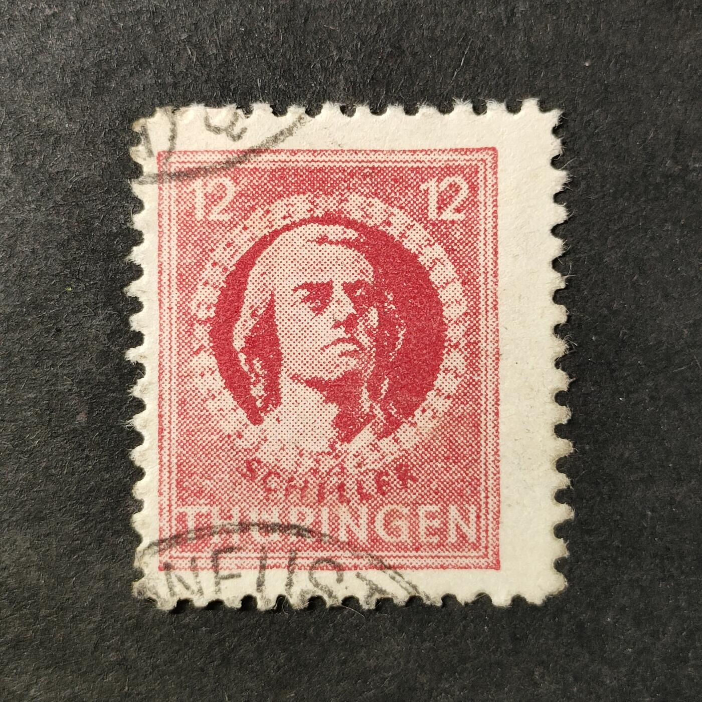 ↓君缘收藏753期☞钱币邮品↓无佣金、可寄存、满30元包邮  德国邮票苏联占领区图林根，1945年诗人 剧作家席勒邮票