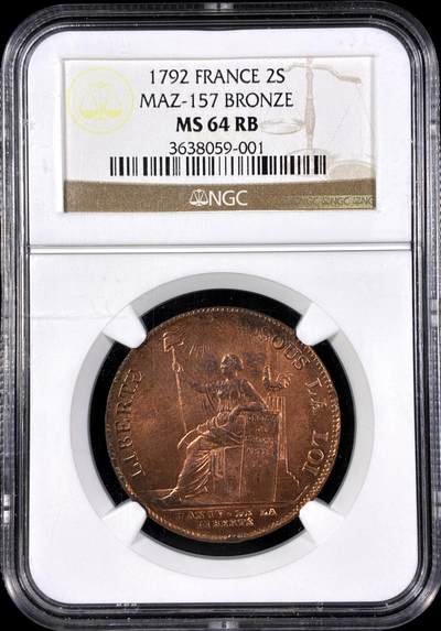 【雨安】【直播拍卖】【第0126期-评级币章】2026-03-07 周六 19:30 (金价1176, 银价22.16) - [评级法国] France 法国 Token 2索尔 KM# Tn23 Maz-157 1792年  NGC-MS64