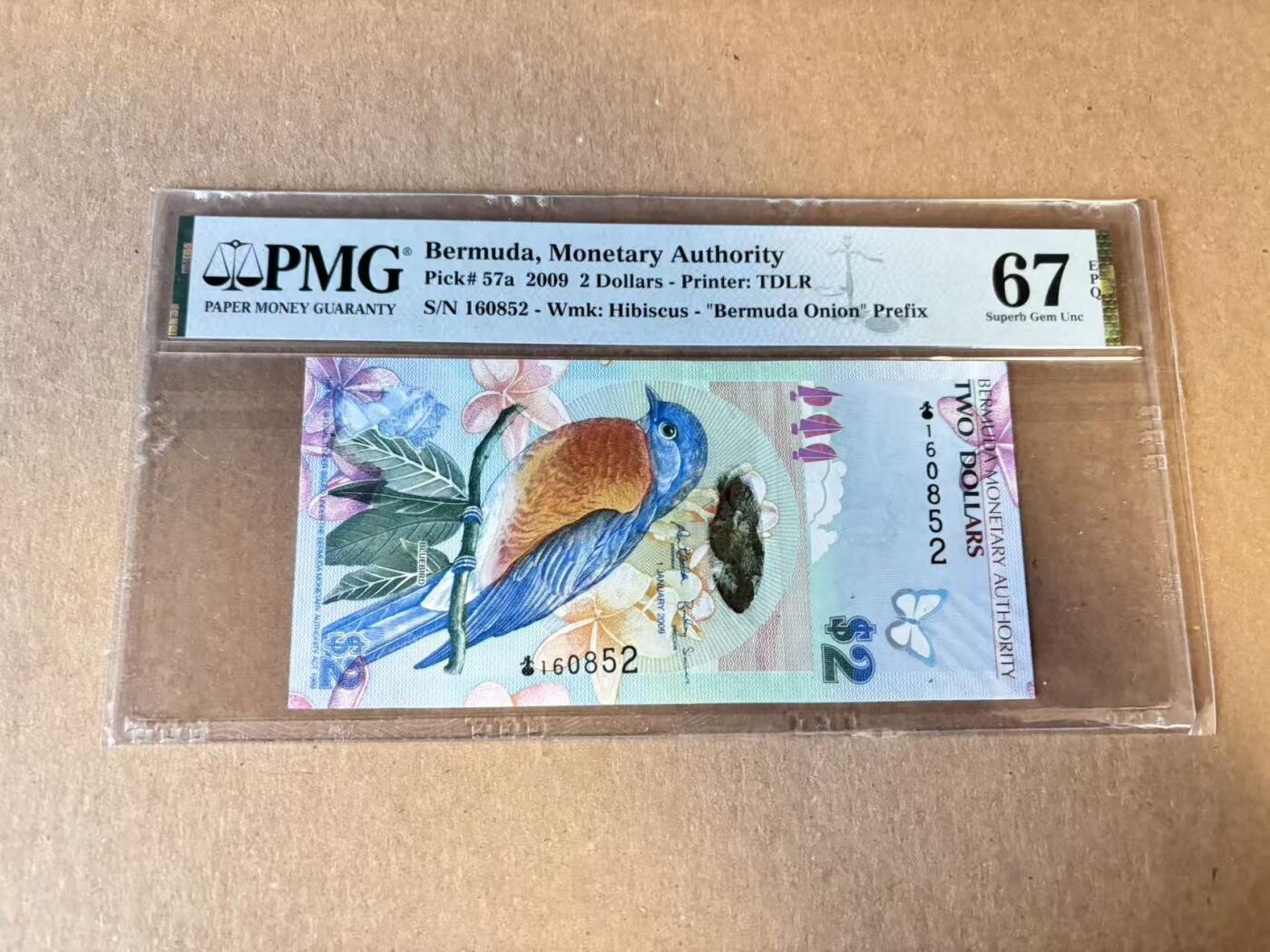 (800期大拍拍品火热征集中🔥）【Blue Auction】世界纸币精拍第790期——18级TOP拍卖/信誉/品质/专业/高效💫  【洋葱冠 获奖钞 无47】百慕大 2009年2元 蓝鸟 PMG67EPQ  