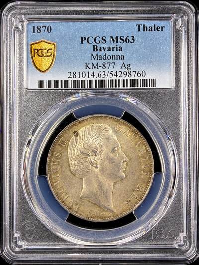 【雨安】【直播拍卖】【第0126期-评级币章】2026-03-07 周六 19:30 (金价1176, 银价22.16) - [评级德国] Germany 德国 德意志 1泰勒 Bavaria巴伐利亚 Thun.105 KM#0877 (1866-1871) 圣母抱婴 1870年  PCGS-MS63