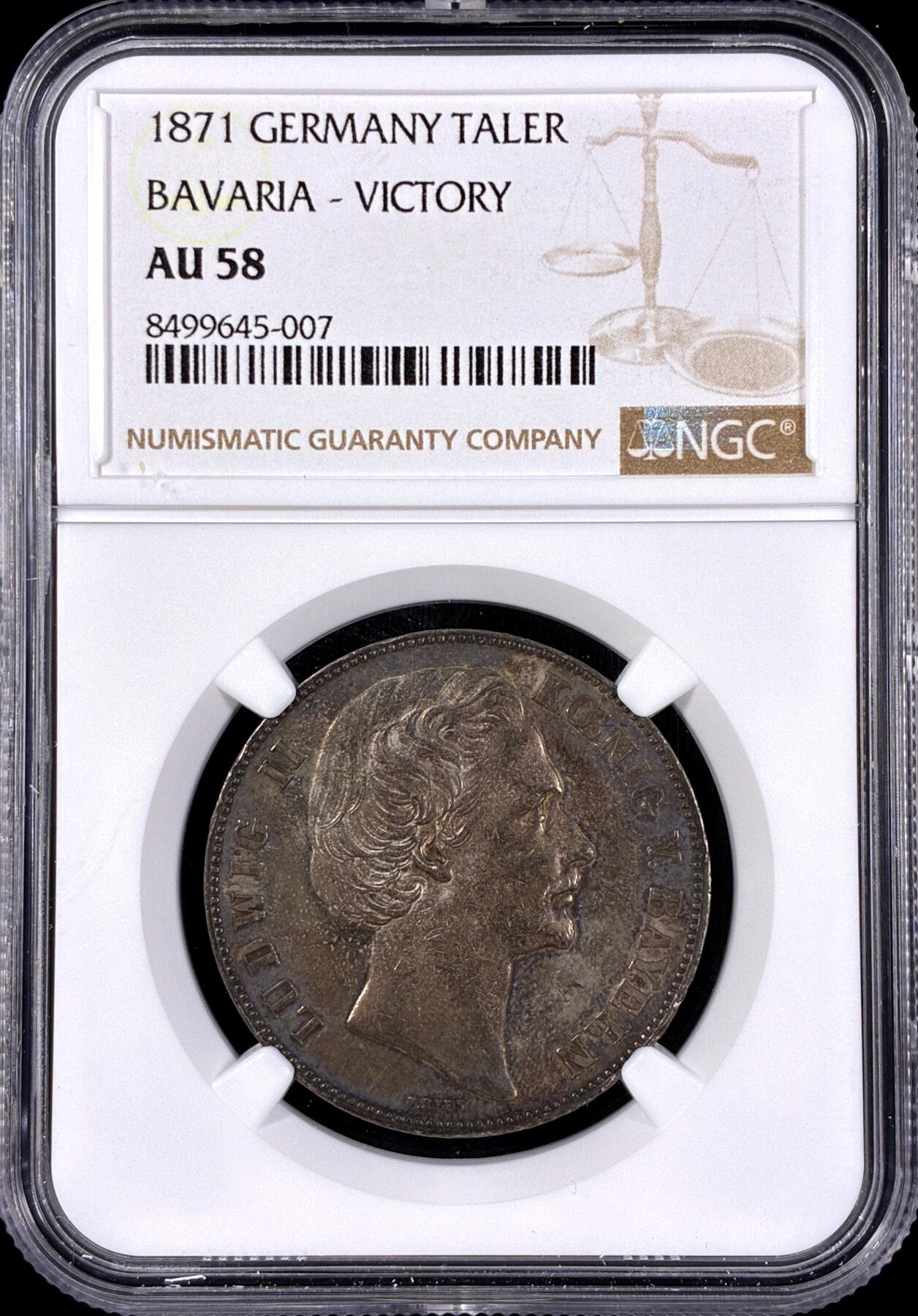 【雨安】【直播拍卖】【第0126期-评级币章】2026-03-07 周六 19:30 (金价1176, 银价22.16) [评级德国] Germany 德国 德意志 1泰勒 Bavaria巴伐利亚 Thun.107 KM#0889 (1871) 普法战争 1871年  NGC-AU58 原味老酱彩包浆