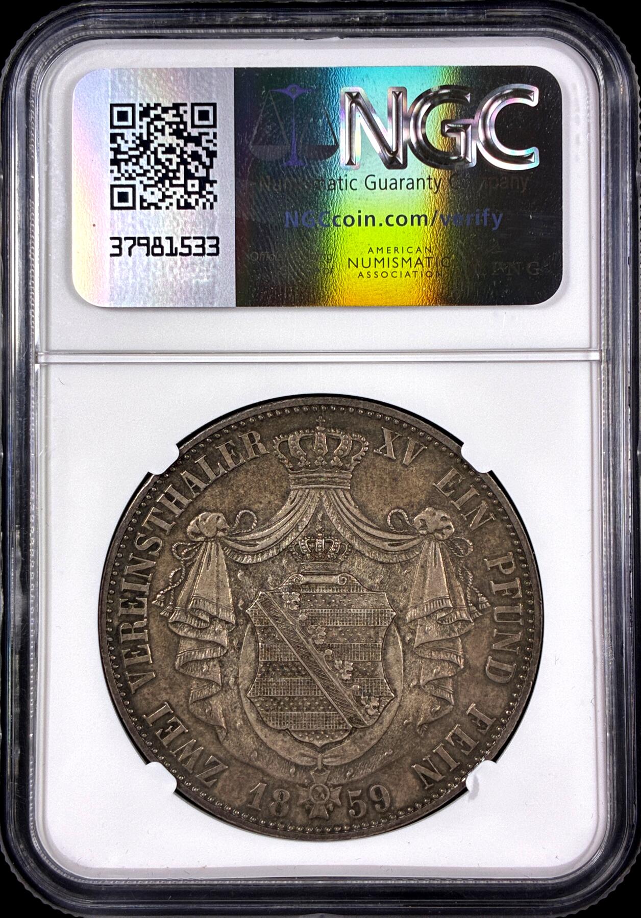 【雨安】【直播拍卖】【第0126期-评级币章】2026-03-07 周六 19:30 (金价1176, 银价22.16) [评级德国] Germany 德国 德意志 2泰勒 Saxony萨克森 Thun.338 KM#1195 (1857-1859) 约翰.小纹章 1859年  NGC-AU