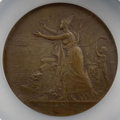 掌中浮雕-藏着的欧洲第053场 - NGC MS63 : 1896年俄罗斯舰队抵达法国瑟堡铜章，70mm