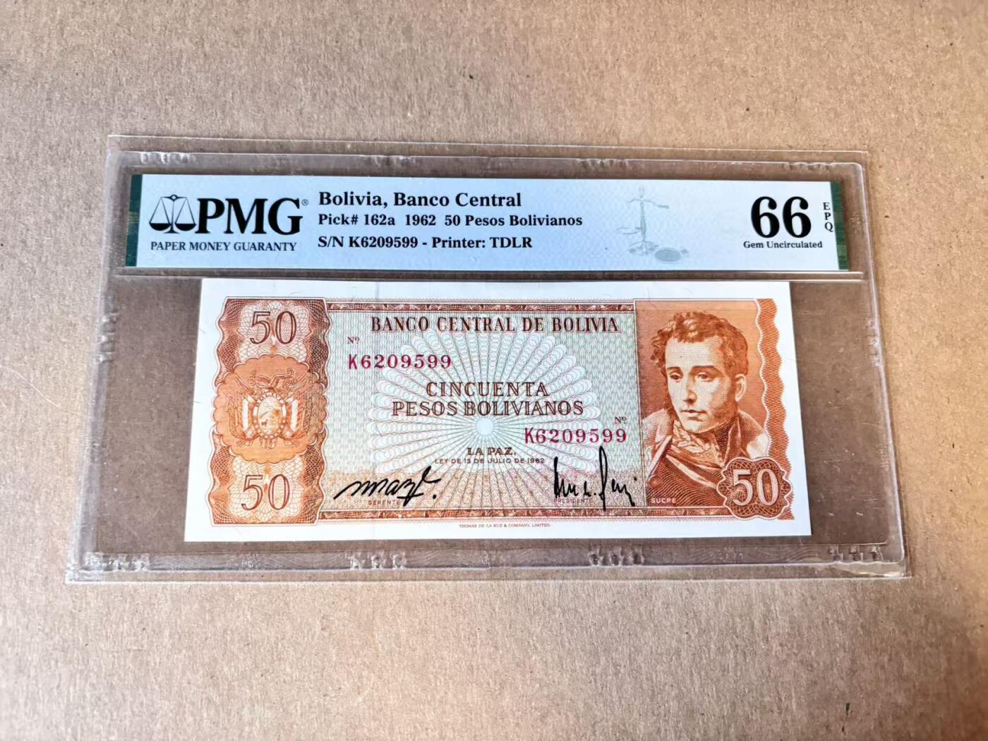 (800期大拍拍品火热征集中🔥）【Blue Auction】世界纸币精拍第790期——18级TOP拍卖/信誉/品质/专业/高效💫  【无47】玻利维亚 1962年50比索 PMG66EPQ 