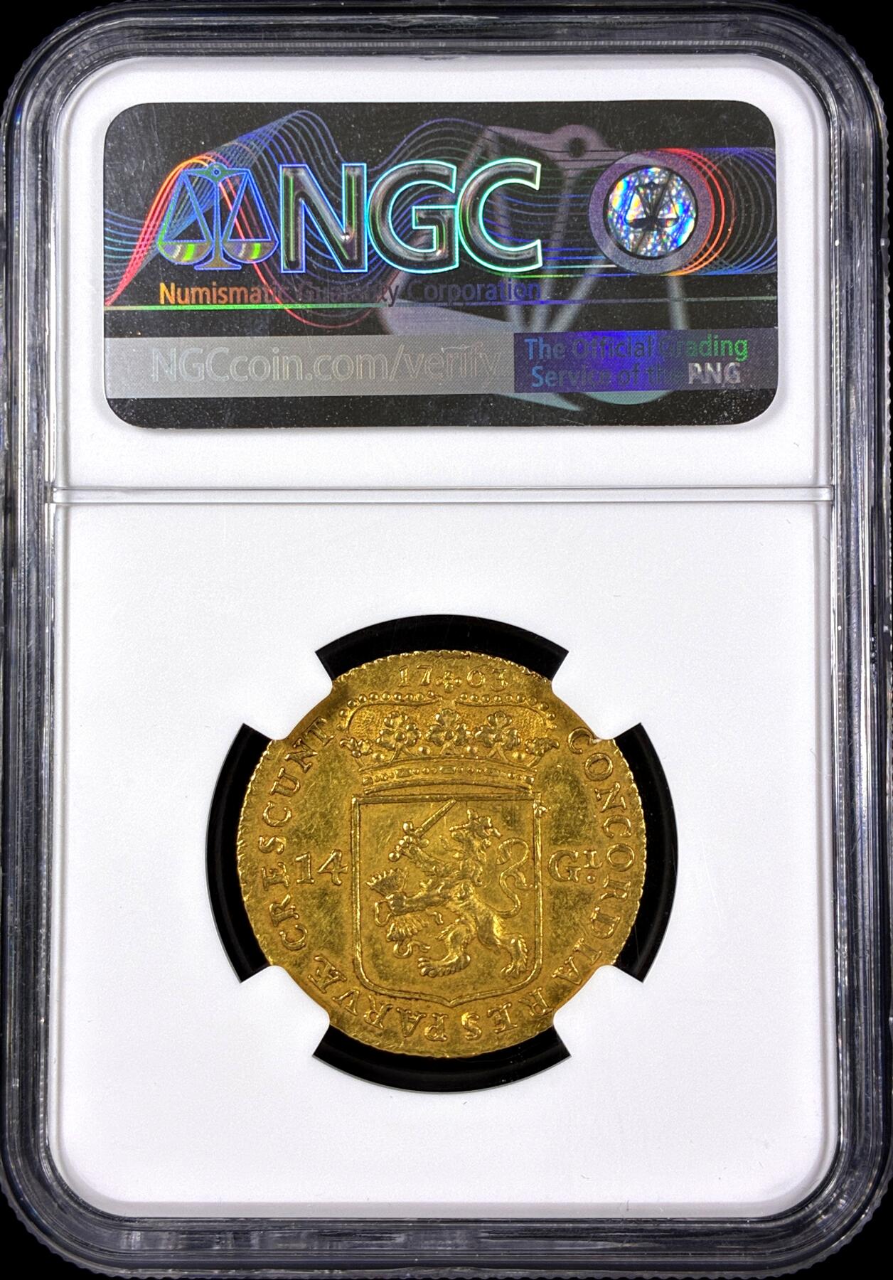 【雨安】【直播拍卖】【第0126期-评级币章】2026-03-07 周六 19:30 (金价1176, 银价22.16) [评级金铂] Netherlands [金币] 荷兰 共和国 乌特勒支 14盾 1763年 金马剑  NGC-AU58