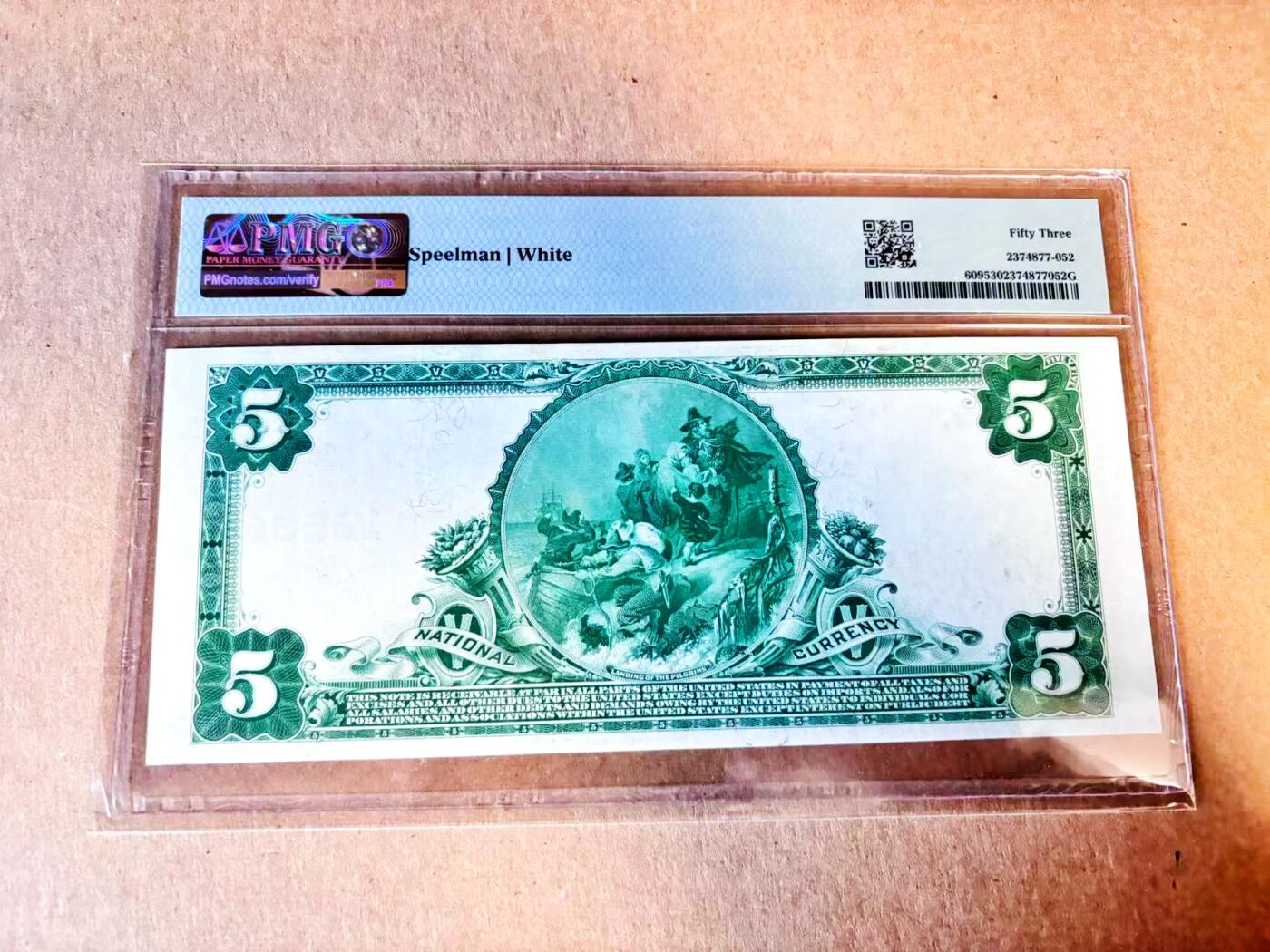 (800期大拍拍品火热征集中🔥）【Blue Auction】世界纸币精拍第790期——18级TOP拍卖/信誉/品质/专业/高效💫  【无47】美国 1902年5美金 大票幅 PMG53 正面美国第23任美国总统本杰明·哈里森 背面经典油画《Landing of the Pilgrims》（朝圣者登陆）