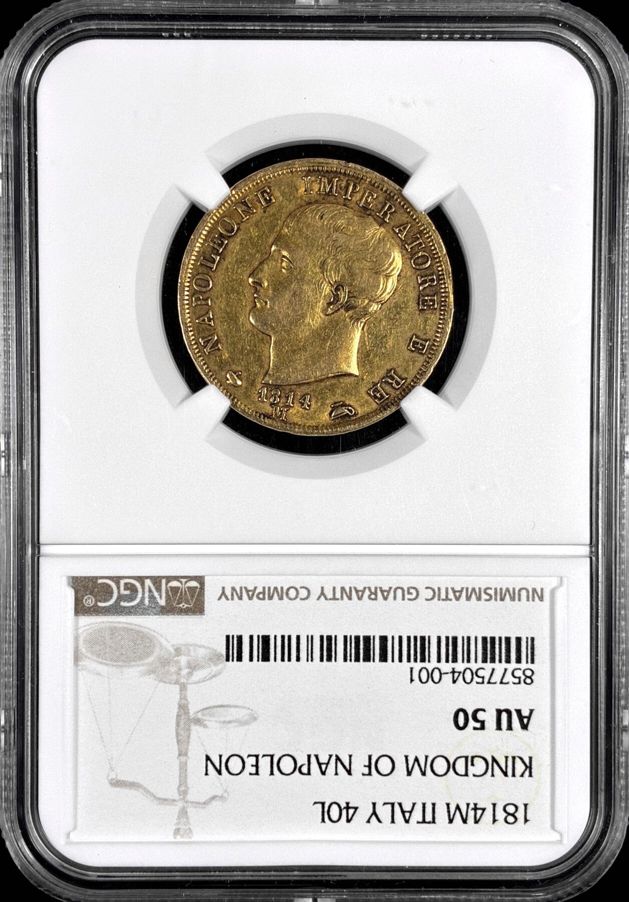 【雨安】【直播拍卖】【第0126期-评级币章】2026-03-07 周六 19:30 (金价1176, 银价22.16) [评级金铂] Italy 意大利 Kingdom of Napoleon拿破仑王国 40里拉 1814年  NGC-AU50