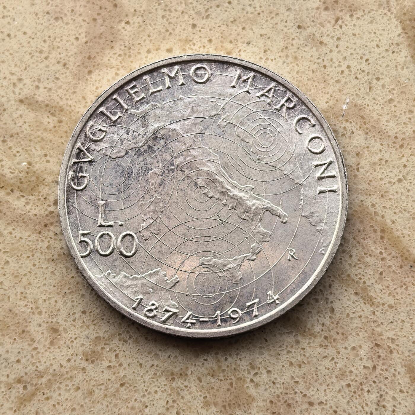 道一币馆币章第一百六十八场 意大利1974年电报之父马可尼诞辰百年500里拉纪念银币 11g 835S 