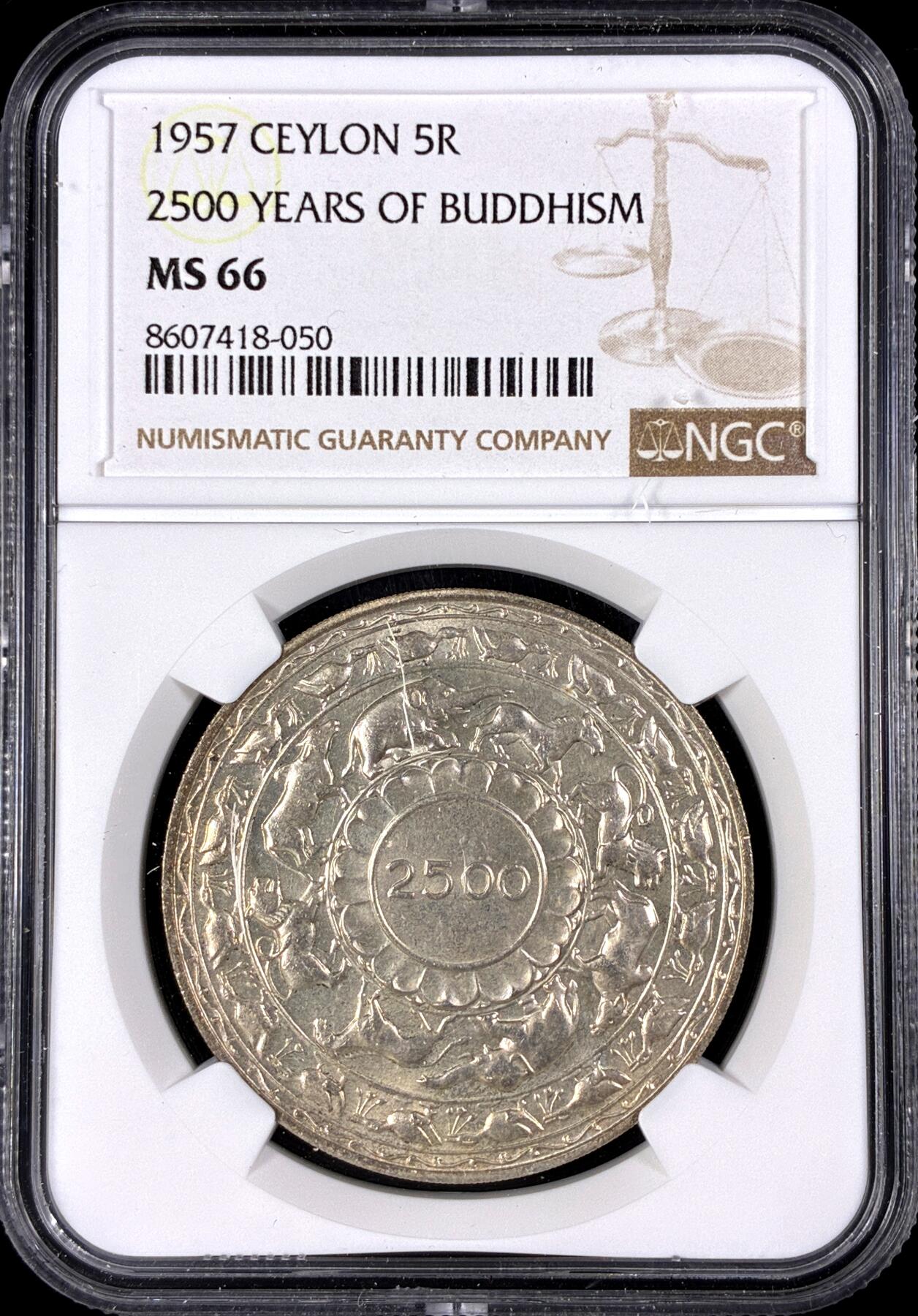 【雨安】【直播拍卖】【第0126期-评级币章】2026-03-07 周六 19:30 (金价1176, 银价22.16) [评级亚洲] Ceylon 锡兰 5卢比 1957年 佛教2500周年  NGC-MS66