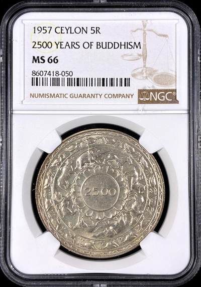 【雨安】【直播拍卖】【第0126期-评级币章】2026-03-07 周六 19:30 (金价1176, 银价22.16) - [评级亚洲] Ceylon 锡兰 5卢比 1957年 佛教2500周年  NGC-MS66