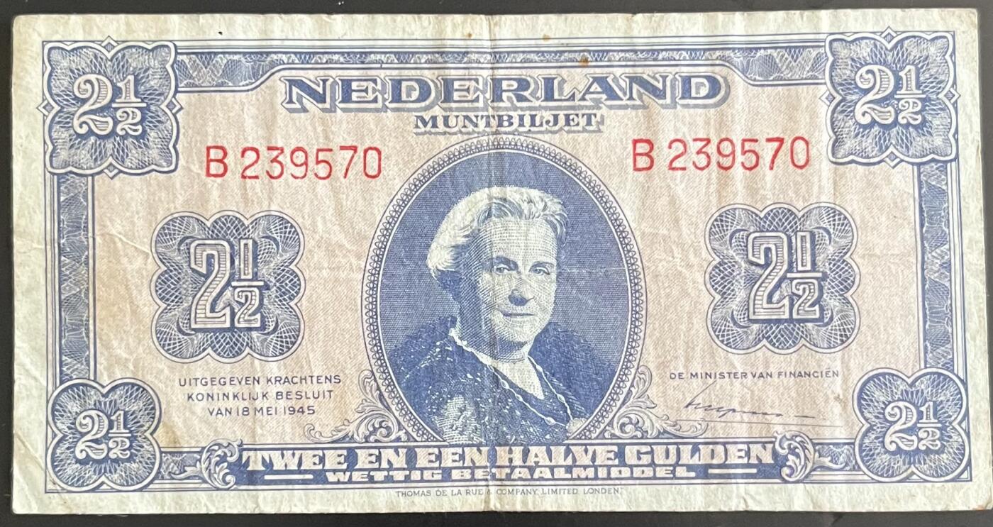 小福收藏拍卖第202期 流通品相裸钞 特惠场 本场全部为欧洲纸币【佣金仅收2% 不设最低佣金 全场包邮】 荷兰 1945年 2又1/2盾