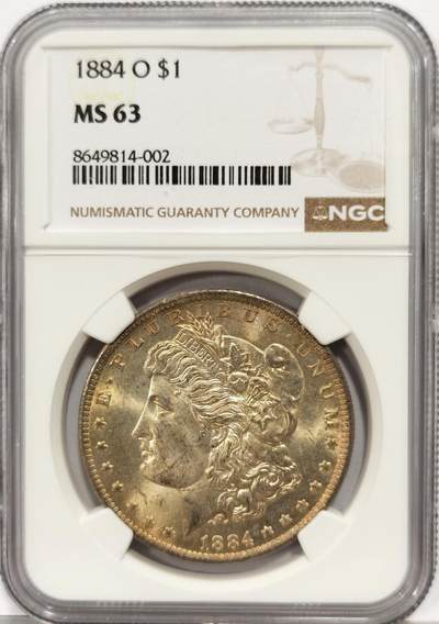 博洋堂世界钱币拍卖第163期（全场包邮） - NGC MS63 美国1884年O版摩根银币，双面渐变黄油五彩，大头和老鹰深打，一流的绸缎光，BU的霜感犹在，标准64分品相，63错杀了