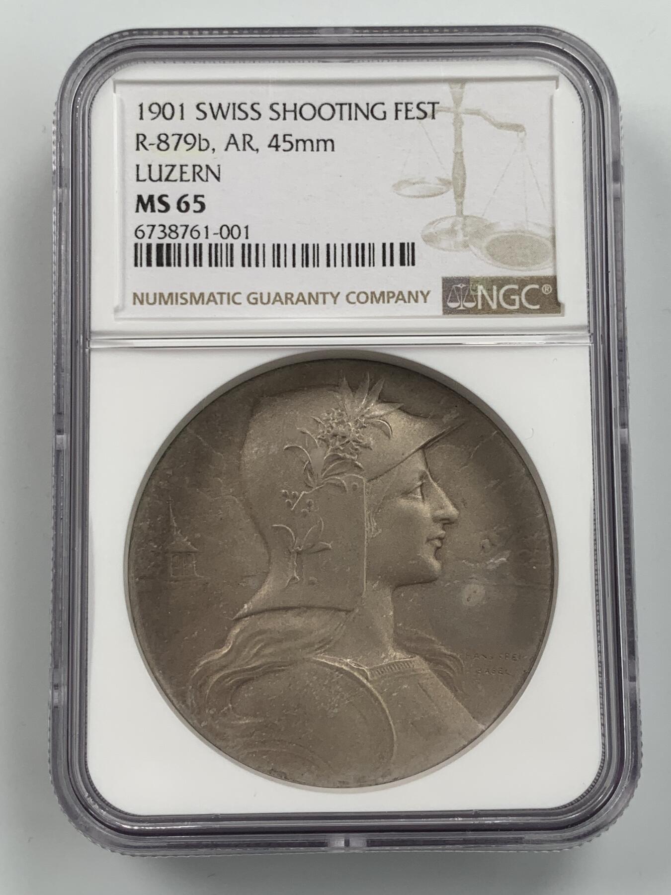 掌中浮雕-藏着的欧洲第053场 NGC MS65 : 1901瑞士卢塞恩射击节纪念银章，45mm