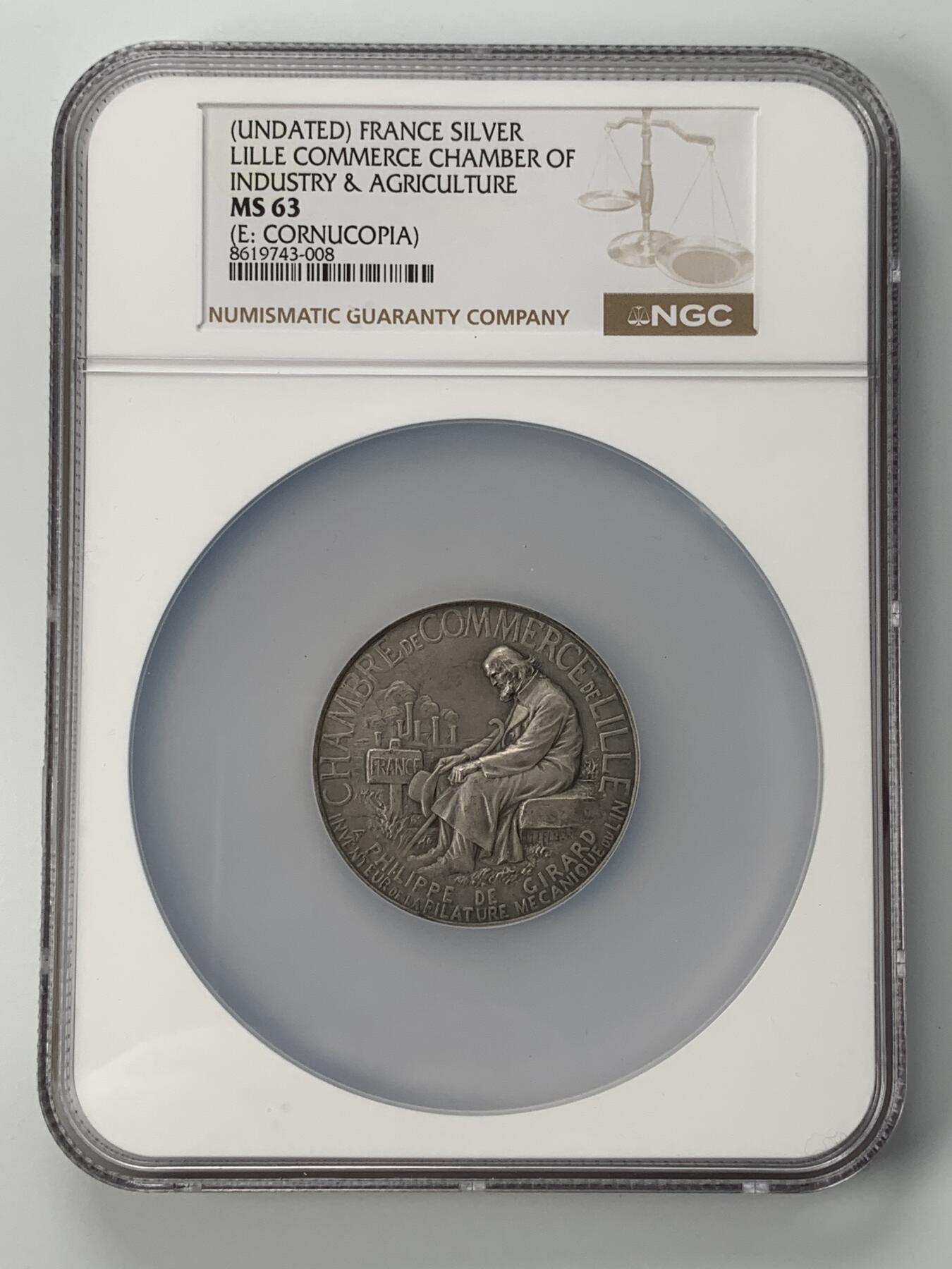 掌中浮雕-藏着的欧洲第053场 NGC MS63 : 法国里尔工商与农业商会银章，46mm