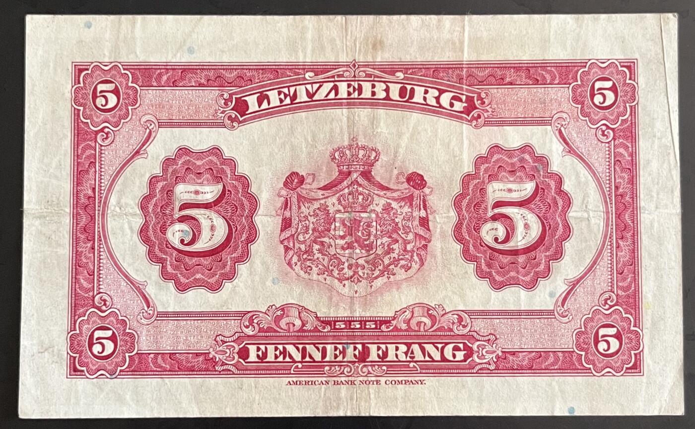 小福收藏拍卖第202期 流通品相裸钞 特惠场 本场全部为欧洲纸币【佣金仅收2% 不设最低佣金 全场包邮】 卢森堡 1944年 5法郎