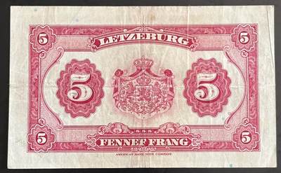 小福收藏拍卖第202期 流通品相裸钞 特惠场 本场全部为欧洲纸币【佣金仅收2% 不设最低佣金 全场包邮】 卢森堡 1944年 5法郎