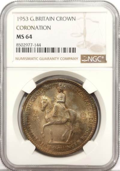 博洋堂世界钱币拍卖第163期（全场包邮） - NGC MS64 英国1953年伊丽莎白二世登基纪念克朗，带彩少见