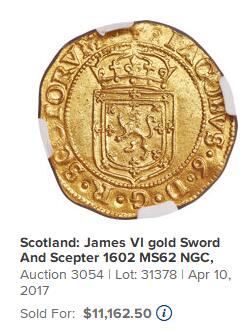 (800期大拍拍品火热征集中🔥）【Blue Auction】世界纸币精拍第790期——18级TOP拍卖/信誉/品质/专业/高效💫  【仅3枚更高分 铸造于Unite金币前夜 是苏格兰独立发行的最后一批高面值金币】苏格兰1602年詹姆斯六世 “剑与权杖”金币(象征君主拥有武力与律法的双重权力) NGC MS61细节清晰 保存非常完好 极为珍贵（伊丽莎白一世于1603年驾崩，詹姆斯六世南下继承英格兰王位，成为英格兰詹姆斯一世，开启斯图亚特王朝，从此英苏共主，统一了英国币制，此币是独立苏格兰君主制的最后象征之一 历史意义深厚）