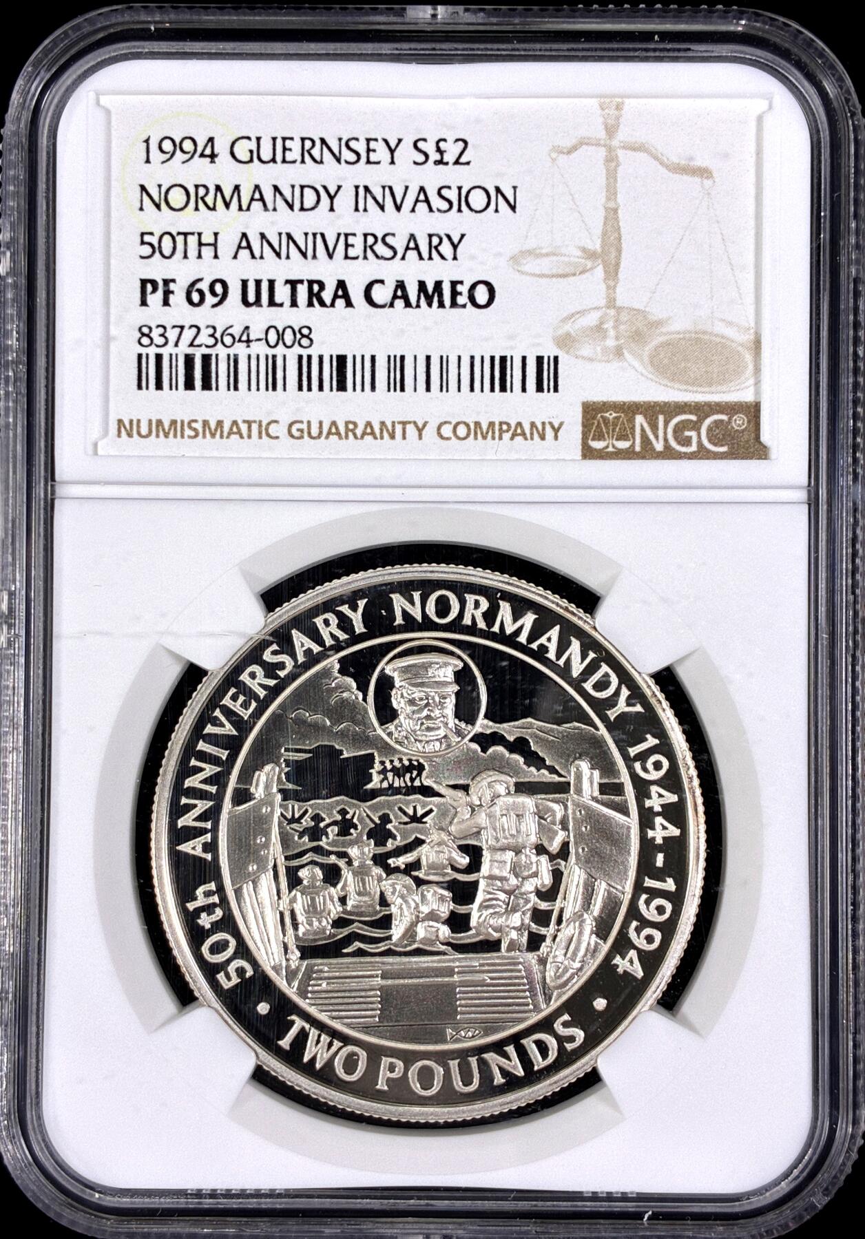 【雨安】【直播拍卖】【第0126期-评级币章】2026-03-07 周六 19:30 (金价1176, 银价22.16) [评级现代] Guernsey 根西 2镑 1994年 诺曼底登陆 NGC-PF69UC