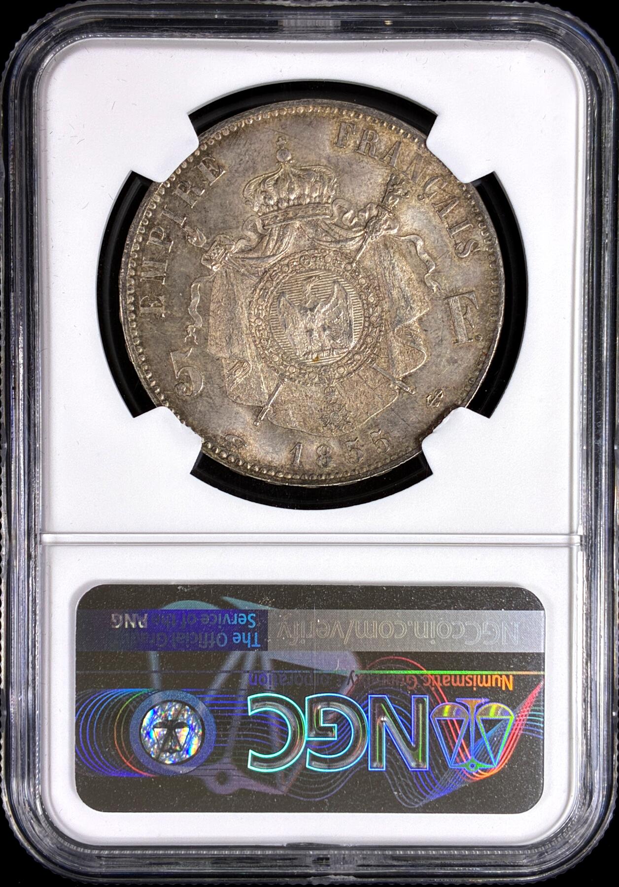 【雨安】【直播拍卖】【第0126期-评级币章】2026-03-07 周六 19:30 (金价1176, 银价22.16) [评级法国] France 法国 5法郎 KM#0782 拿破仑三世 光头小头 1855年  NGC-MS63