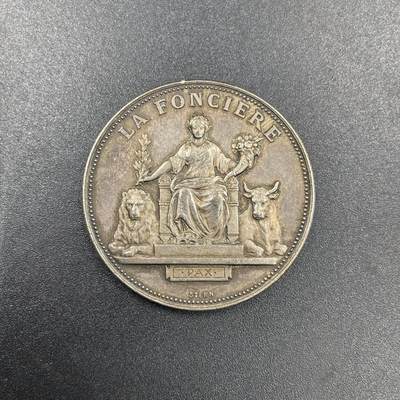 「木头集藏」章牌专场-第69场 - 法国人寿保险公司银章，直径： 36.5 mm，22.6 g，边铭：丰饶角 ARGENT，