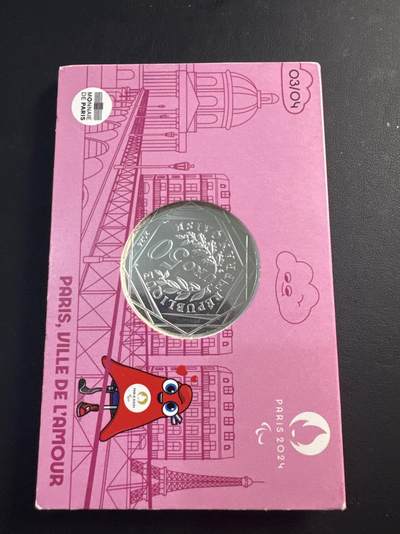 ❤️【币观天下】❤️ 第343期钱币秒杀拍卖场- 2026.3.6周五晚上6点半场 长期征集拍品  - 法国2024年50欧彩色普制银币 巴黎奥运会-艺术桥 900银35克 发行量：2万 卡装