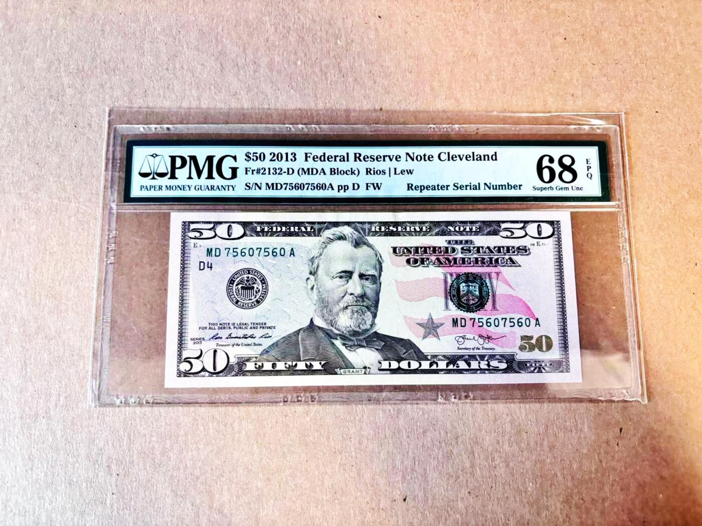 (800期大拍拍品火热征集中🔥）【Blue Auction】世界纸币精拍第790期——18级TOP拍卖/信誉/品质/专业/高效💫  【重复号】美国 2013年50美金 PMG68EPQ 高分