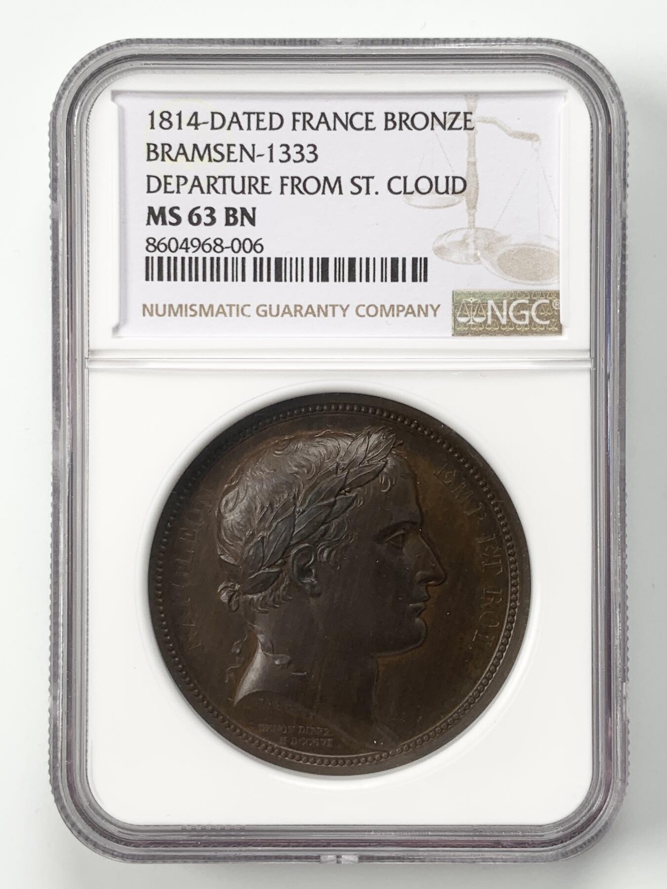 掌中浮雕-藏着的欧洲第053场 NGC MS63 : 1814年与妻儿告别纪念铜章，41mm