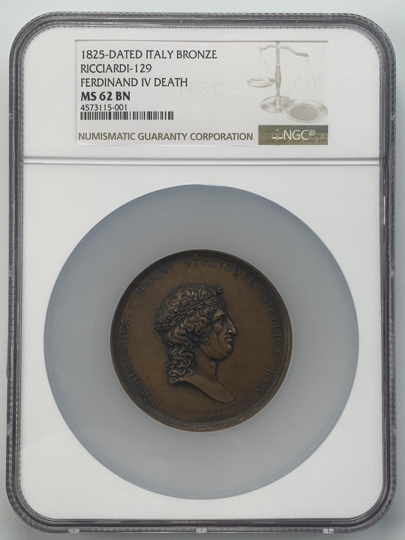 掌中浮雕-藏着的欧洲第053场 NGC MS62 ：1825年意大利那不勒斯和西西里王国费迪南多一世逝世纪念，58mm