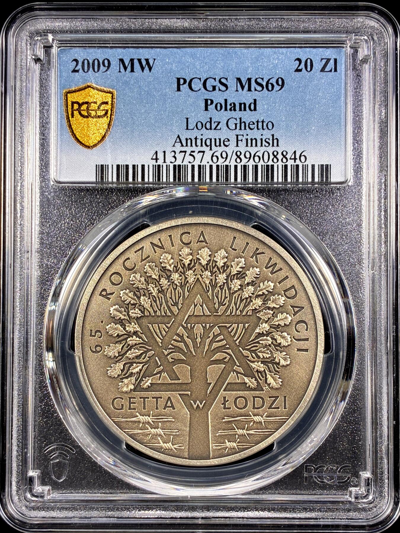 【雨安】【直播拍卖】【第0126期-评级币章】2026-03-07 周六 19:30 (金价1176, 银价22.16) [评级现代] Poland 波兰 20兹罗提 2009年 罗兹犹太区 [28.28克,  0.925银]  PCGS-MS69