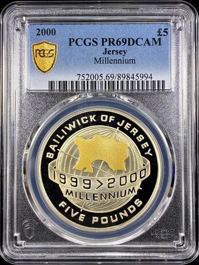 【雨安】【直播拍卖】【第0126期-评级币章】2026-03-07 周六 19:30 (金价1176, 银价22.16) - [评级现代] Jersey 泽西 5镑 2000年 千禧年 PCGS-PR69DCAM 精制币