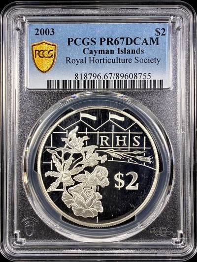 【雨安】【直播拍卖】【第0126期-评级币章】2026-03-07 周六 19:30 (金价1176, 银价22.16) - [评级现代] Cayman Islands 开曼群岛 2元 2003年 英国皇家园艺学会 PCGS-PR67DCAM 精制币