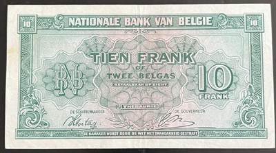 小福收藏拍卖第202期 流通品相裸钞 特惠场 本场全部为欧洲纸币【佣金仅收2% 不设最低佣金 全场包邮】 比利时 1943年 10法郎 XF- AUNC