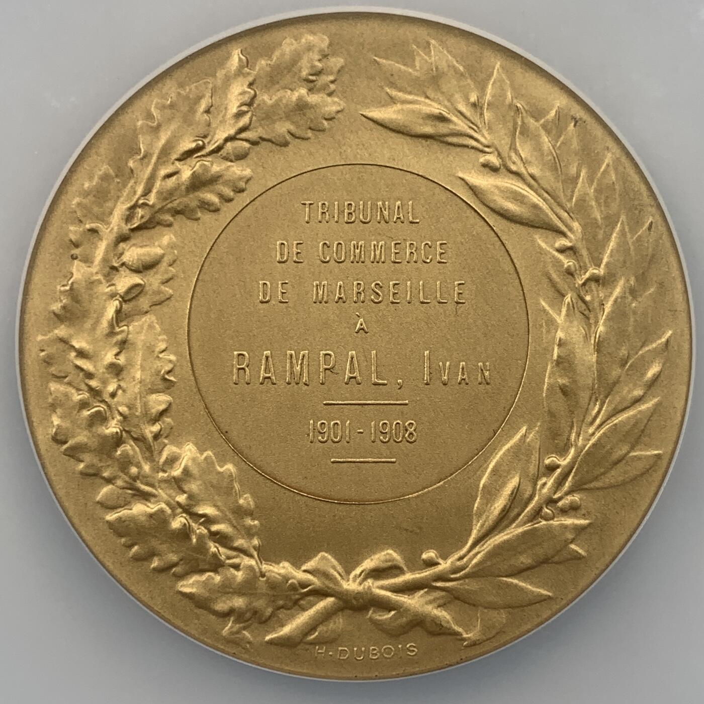 掌中浮雕-藏着的欧洲第053场 NGC MS66 ：1908年法国马赛商业法庭镀金银章，50mm